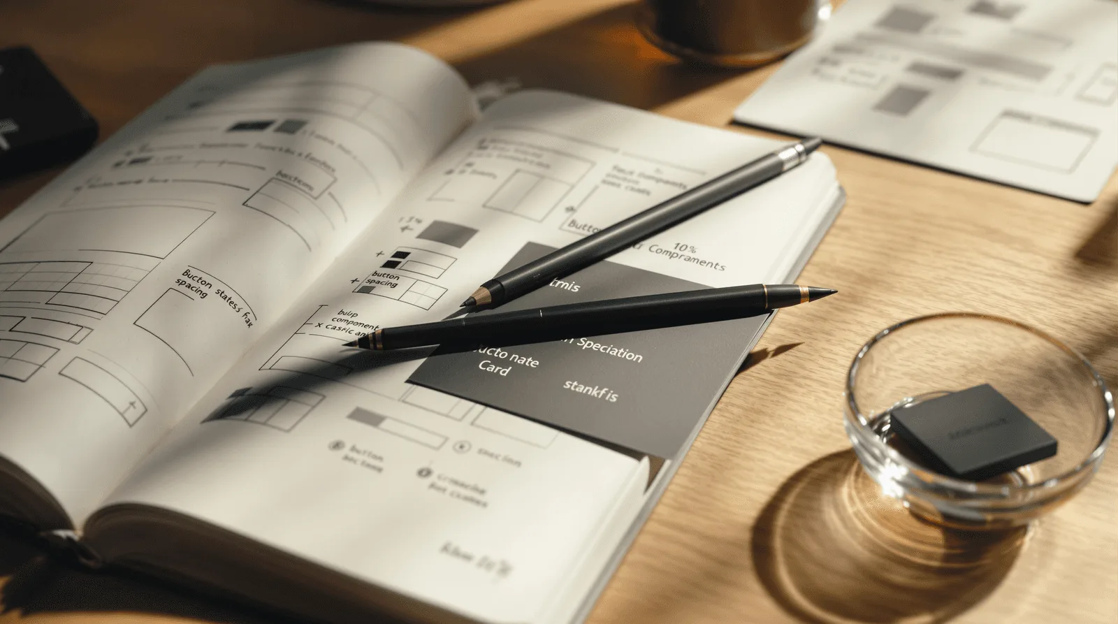 UI/UX wireframe sketches and design system documentation for website and mobile app interface planning.