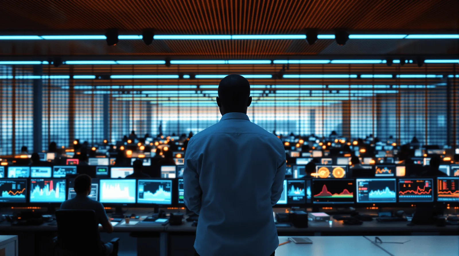 Manager surveying a large operations floor filled with monitors