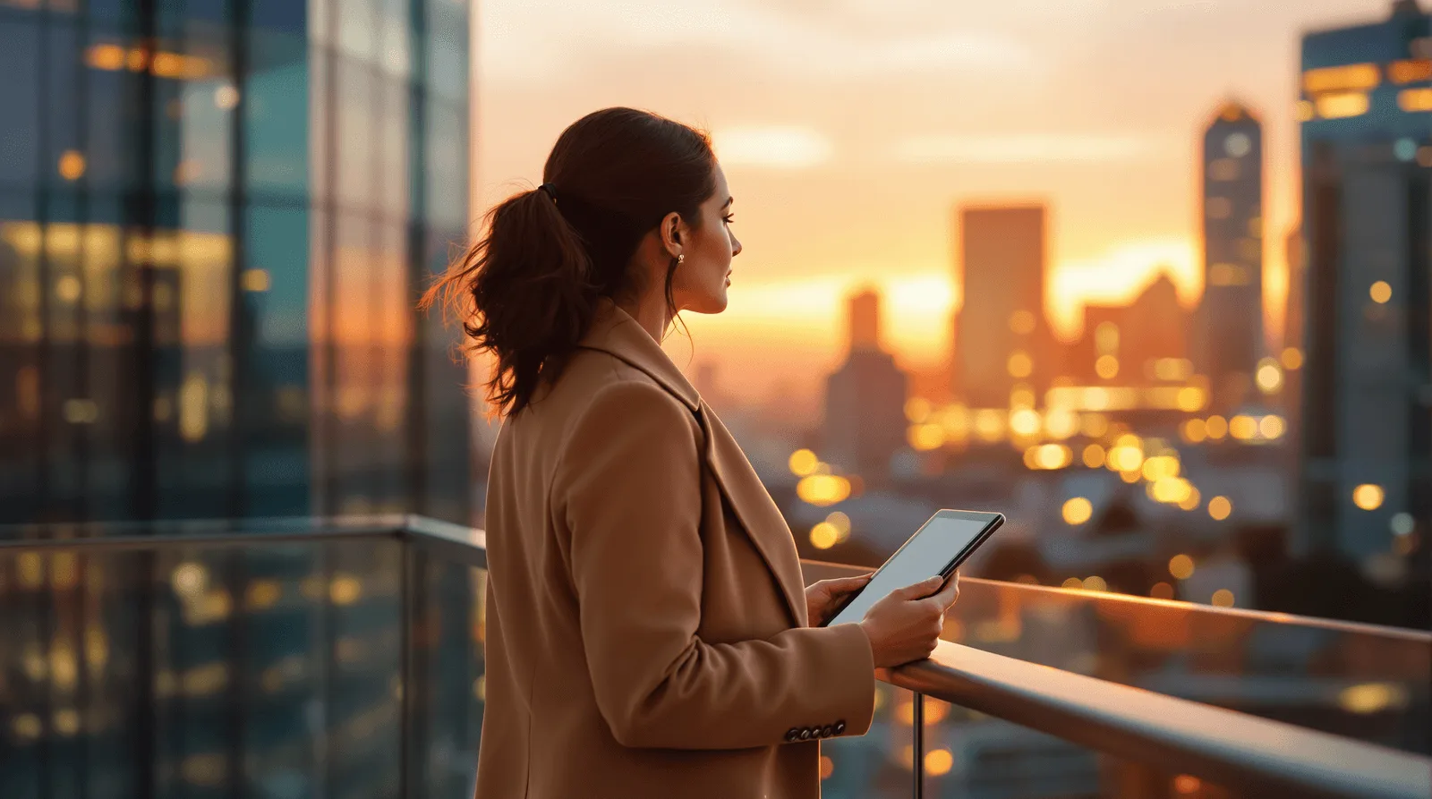 Professional using a tablet while overlooking a modern city skyline, representing mobile technology and digital business solutions.