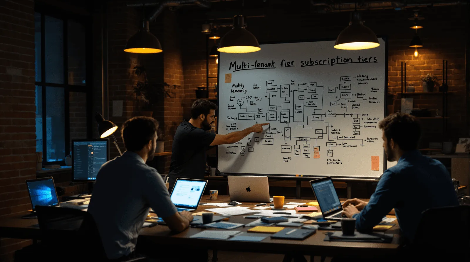 Office team reviewing performance dashboards and business intelligence reports on large digital displays.