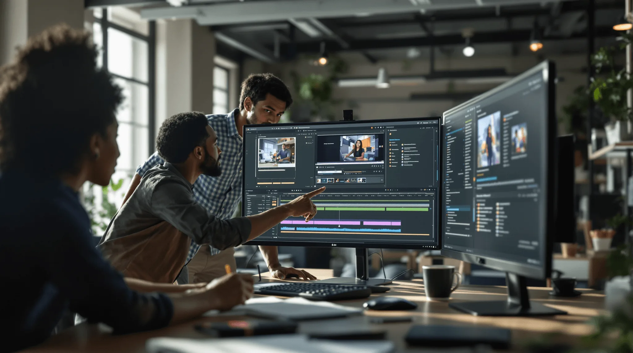 Product team reviewing AI video generation render queue on monitor