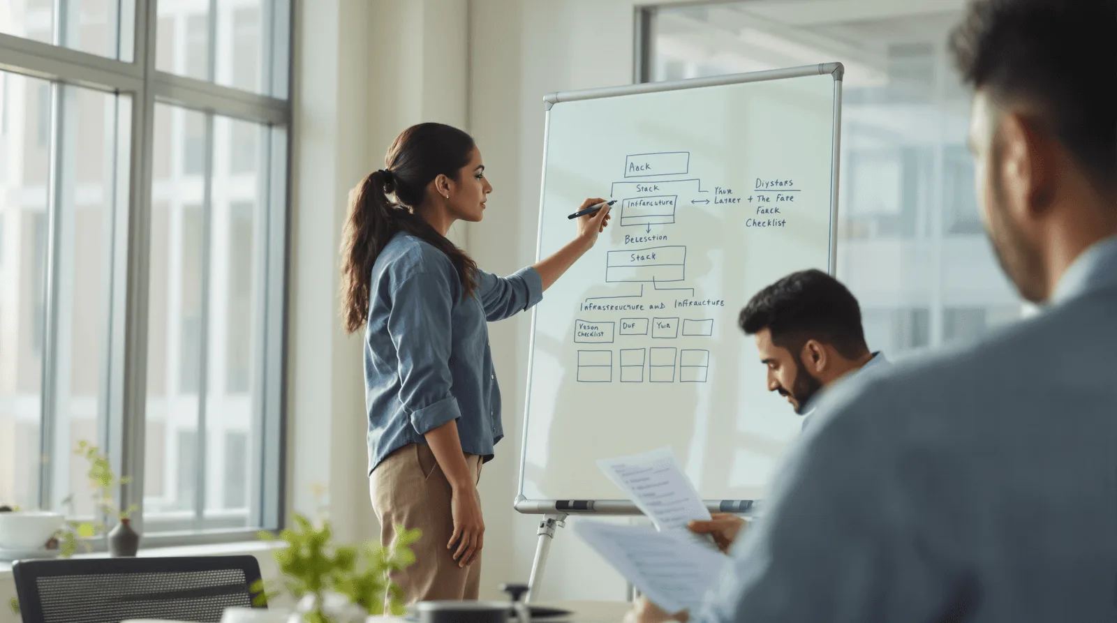 Data engineer drawing layered infrastructure stack on glass whiteboard