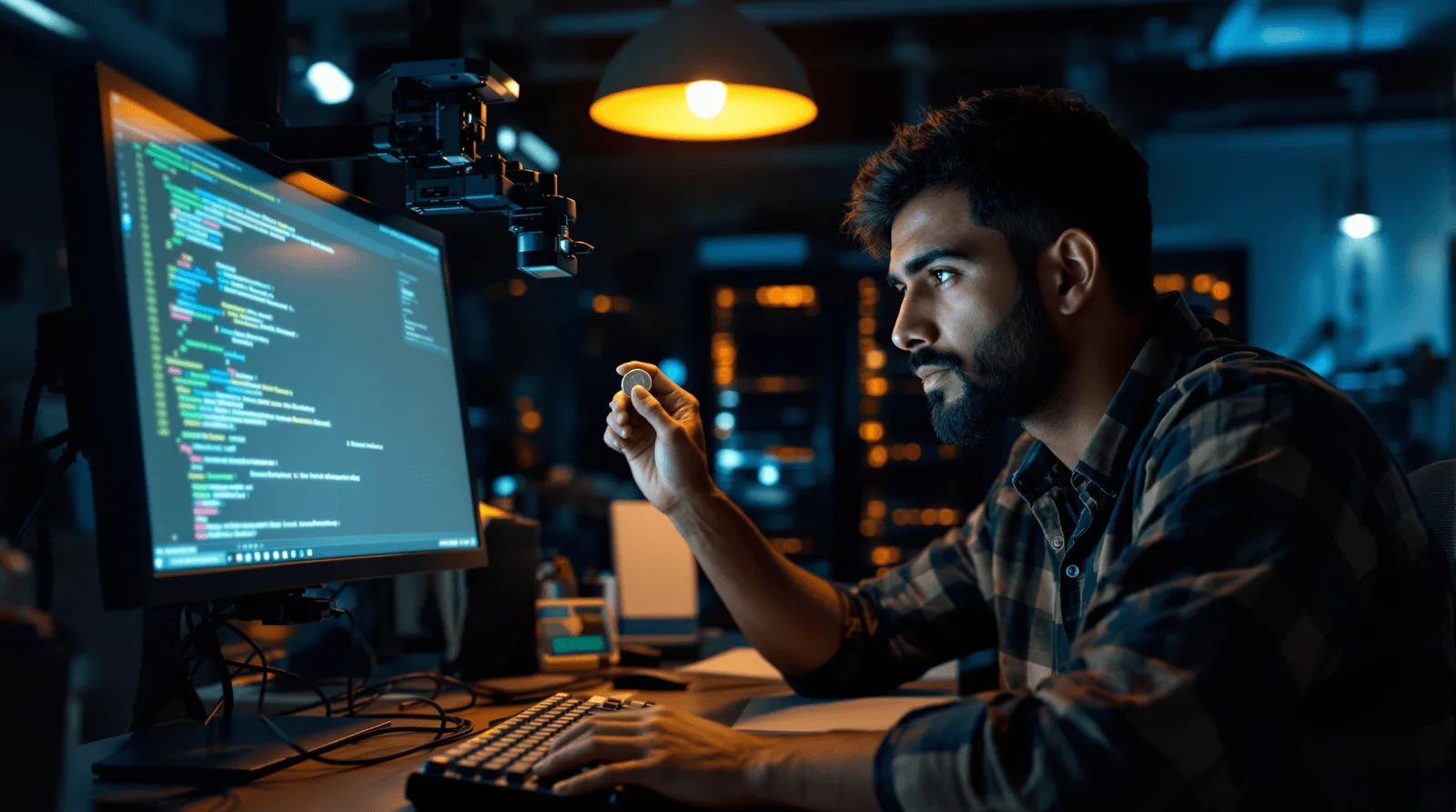 Engineer holding a coin up to a camera rig beside a monitor of code in a dim lab