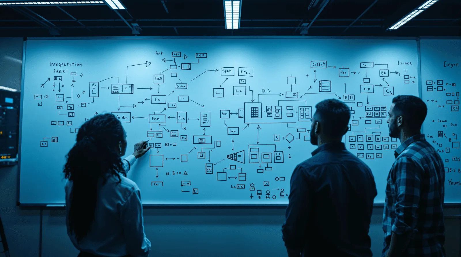 Three colleagues at a whiteboard covered with a dense integration diagram