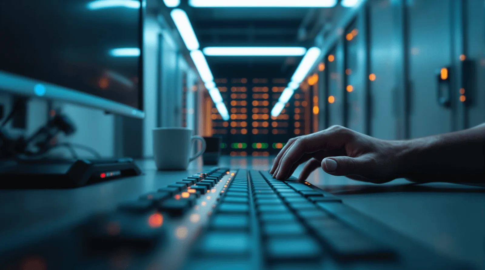 Developer hands on mechanical keyboard beside active server rack corridor
