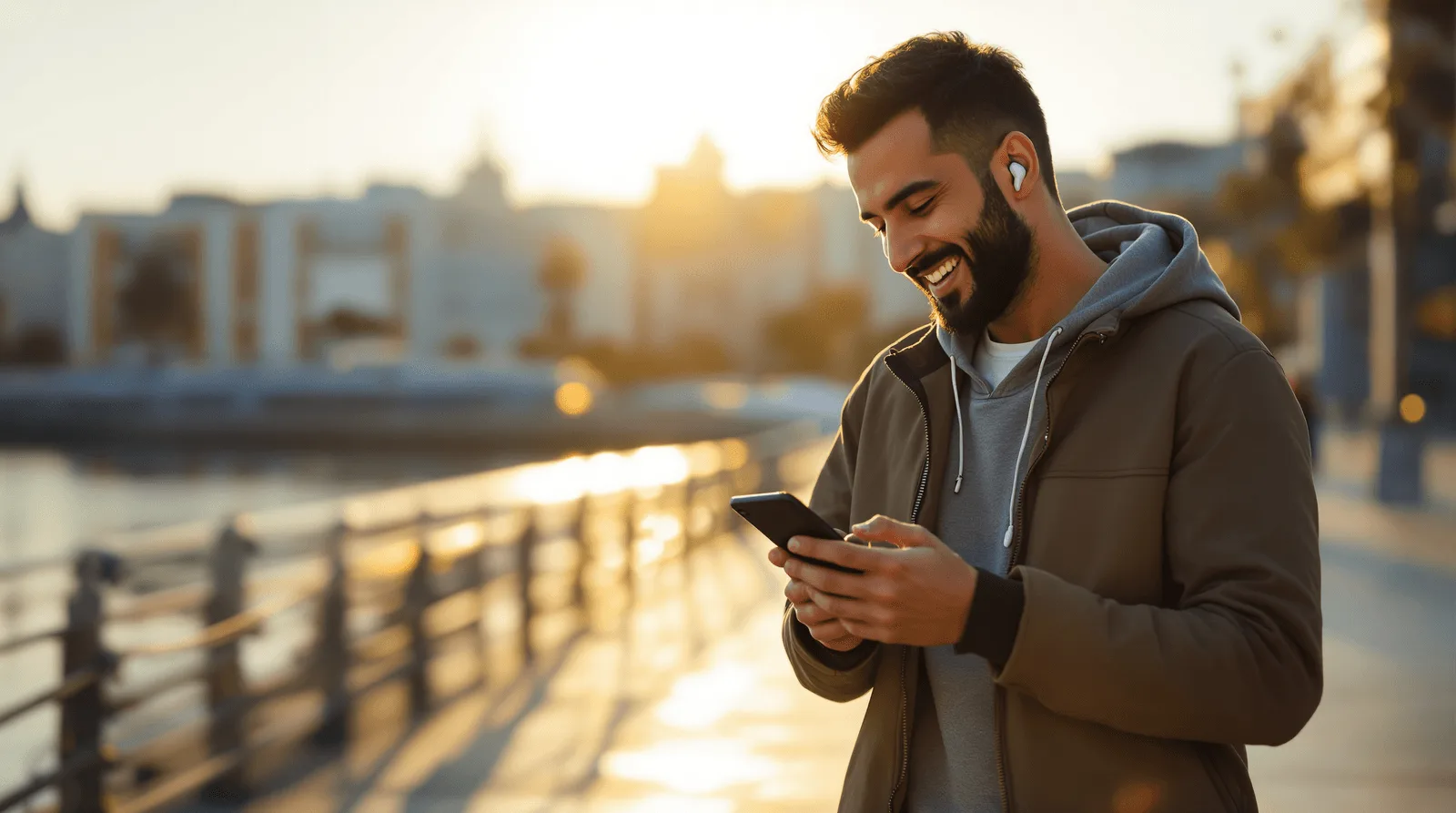 Man with earbuds smiling at his phone on a waterfront promenade at golden hour