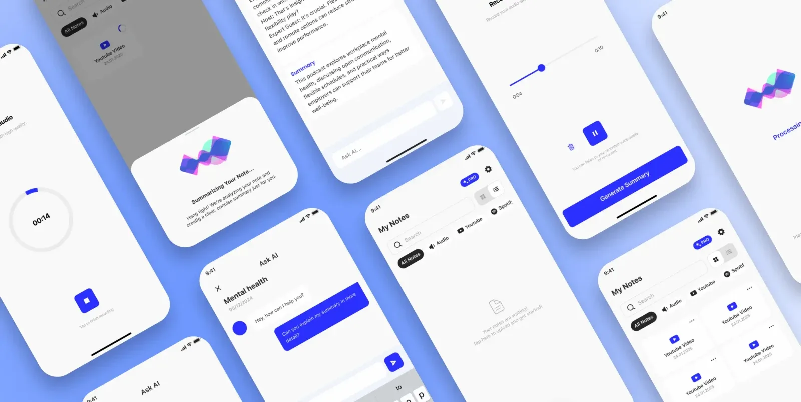 Polly multiple mobile screens overview showcasing the complete productivity AI app experience built by Neon Apps development team