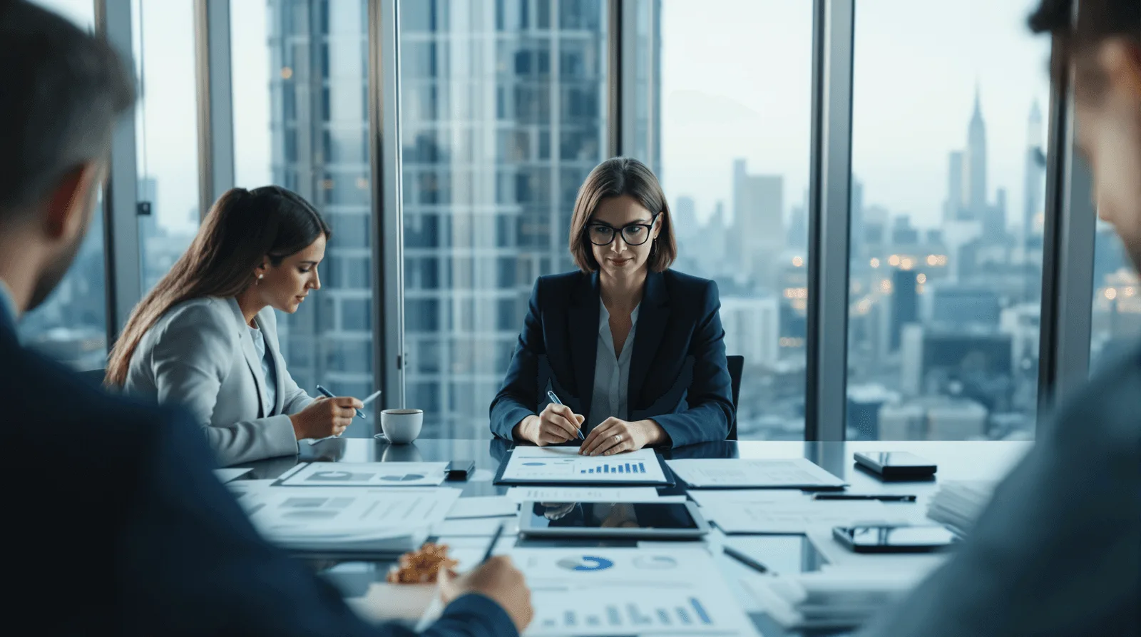 Corporate team reviewing mobile app outsourcing contracts around conference table