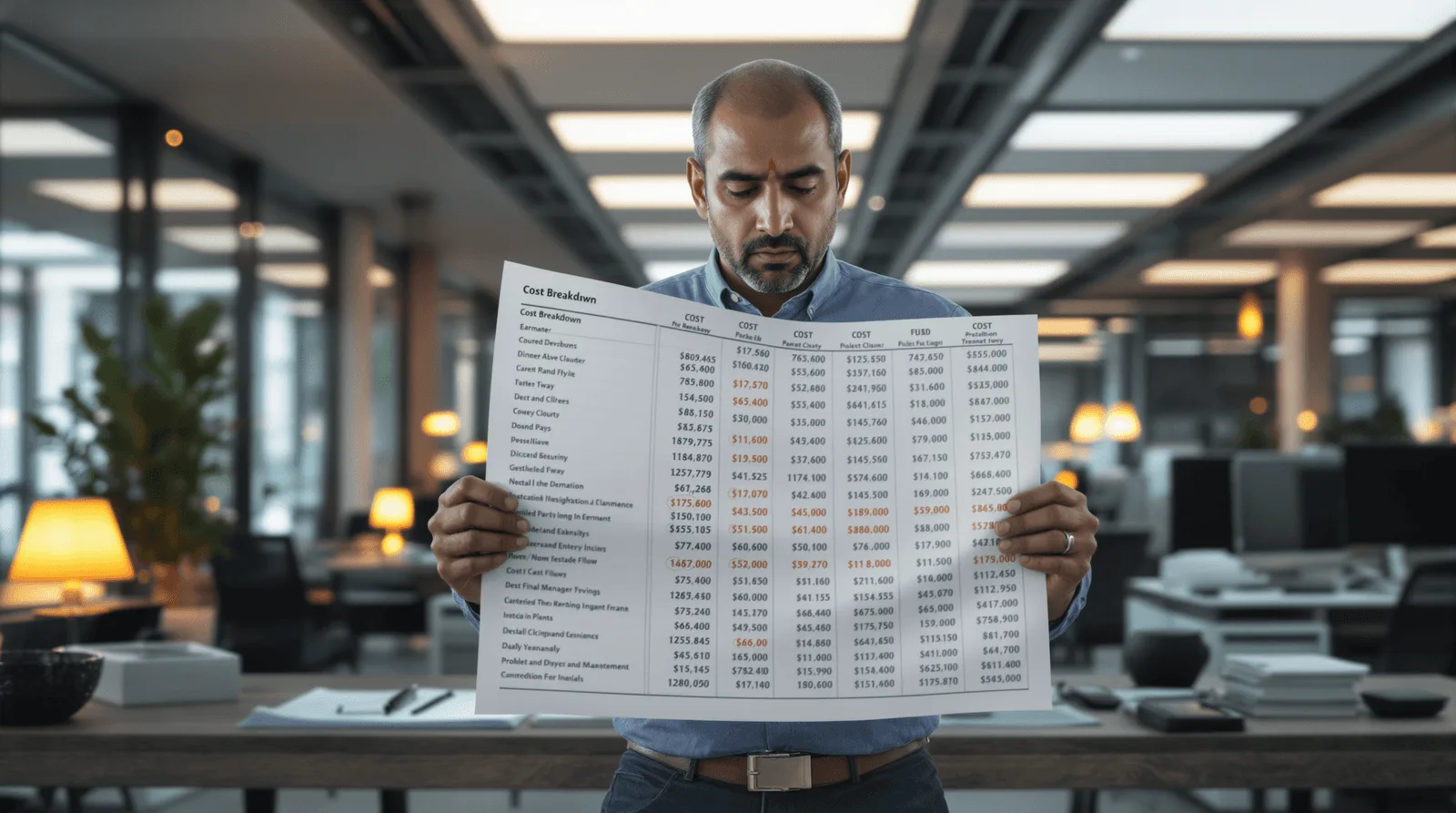 Man studying a large printed cost breakdown spreadsheet in an office