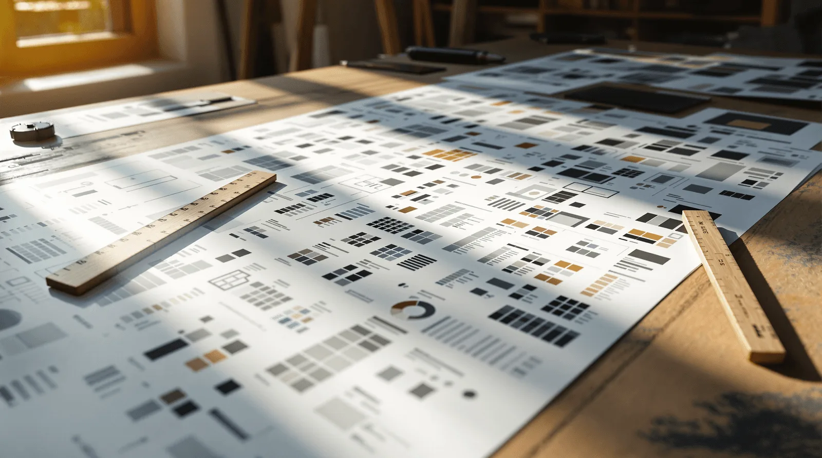 Design system component audit sheets annotated on a studio worktable