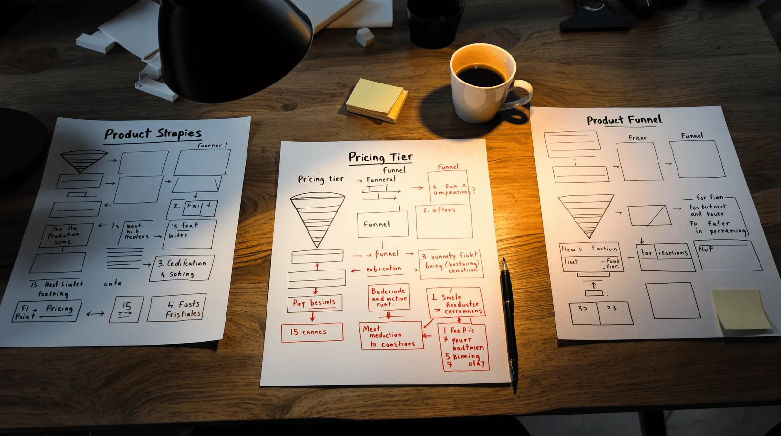Printed subscription model diagrams compared under warm desk lamp