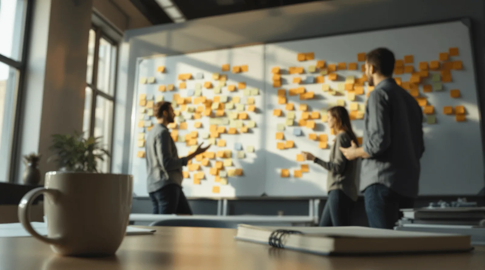 Whiteboard with sticky notes split into two methodology columns, colleagues discussing