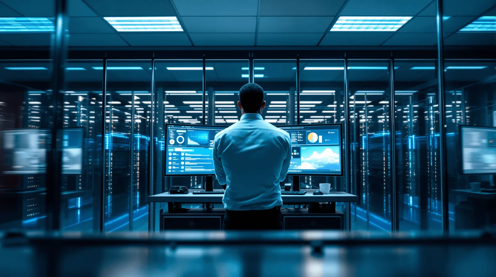 Infrastructure engineer reviewing performance dashboards in server management room