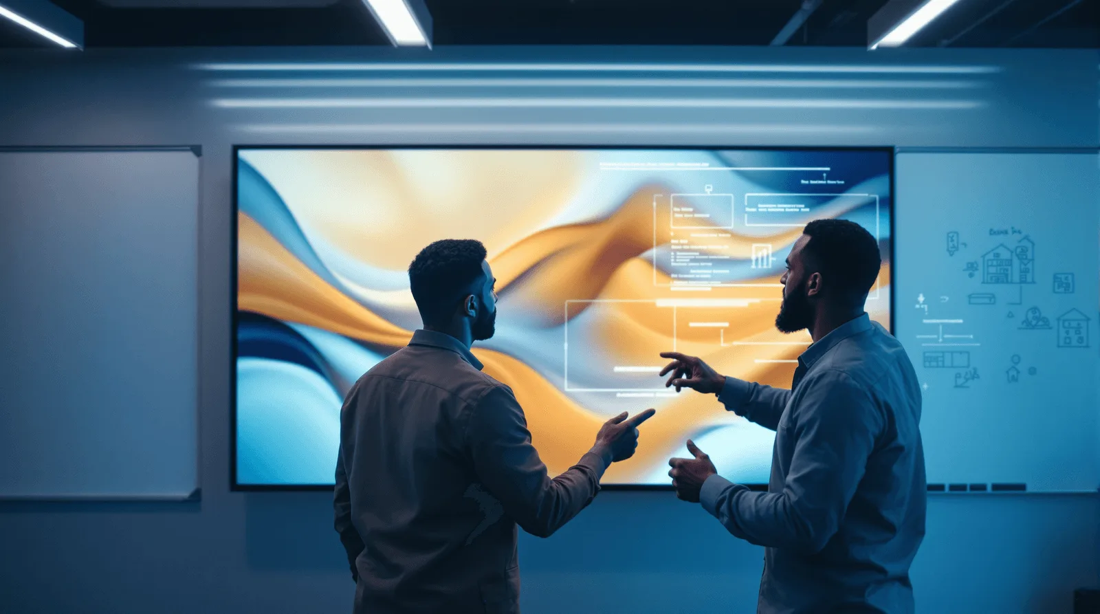 Professionals collaborating on UI/UX design and digital product strategy using an interactive display in a modern office.