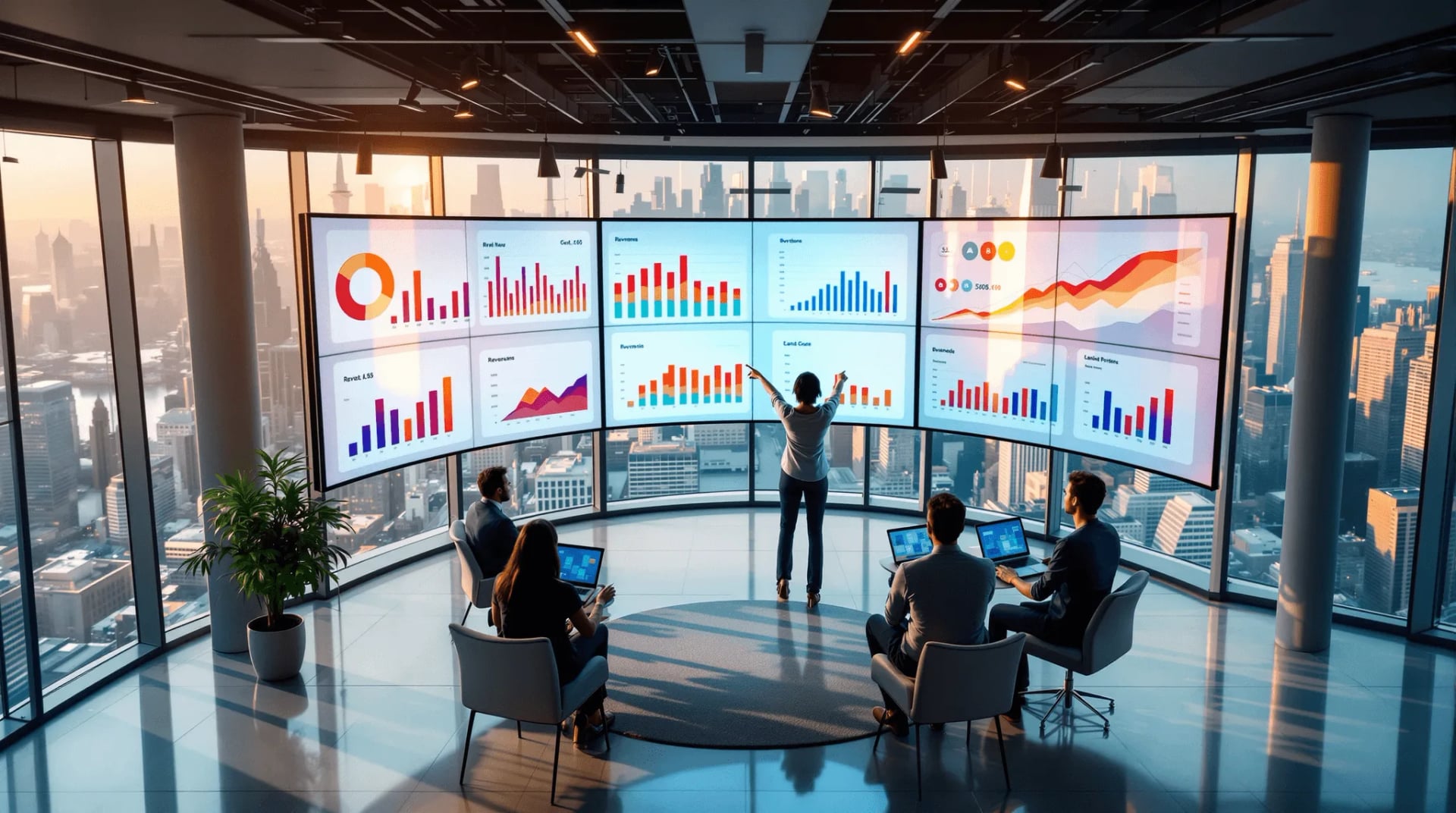Business analytics team reviewing real-time performance dashboards and data visualizations on large digital displays in a modern office overlooking the city skyline.