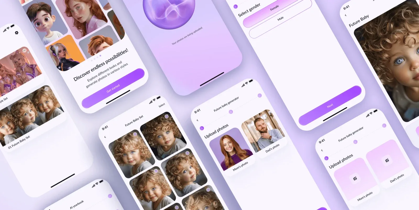 Baby Face multiple mobile screens overview showcasing the complete AI family app experience built by Neon Apps development team