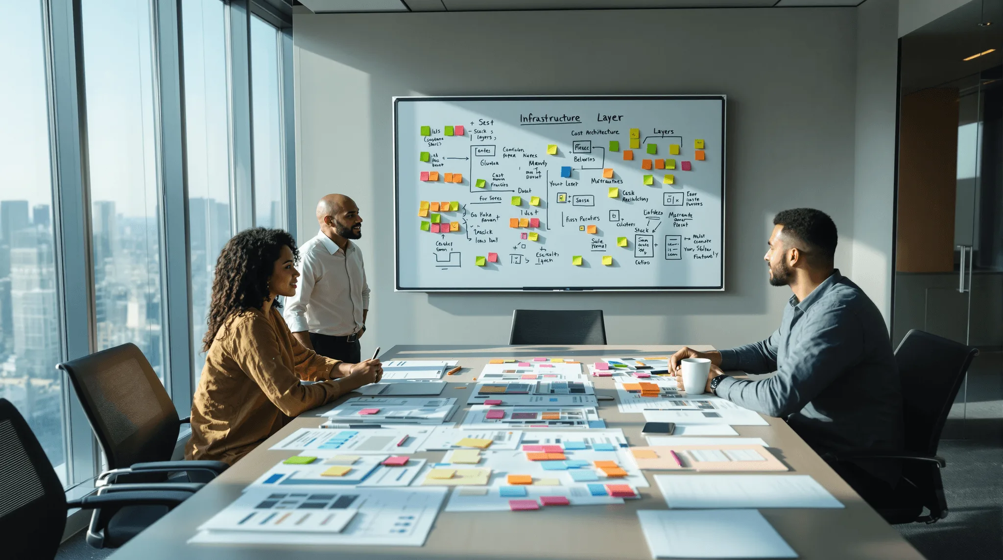 Enterprise team reviewing AI infrastructure architecture diagrams in boardroom