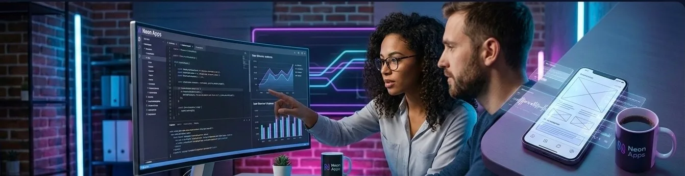 Hand holding smartphone displaying an AI-powered analytics app with real-time trend graphs and data visualization representing artificial intelligence in mobile development