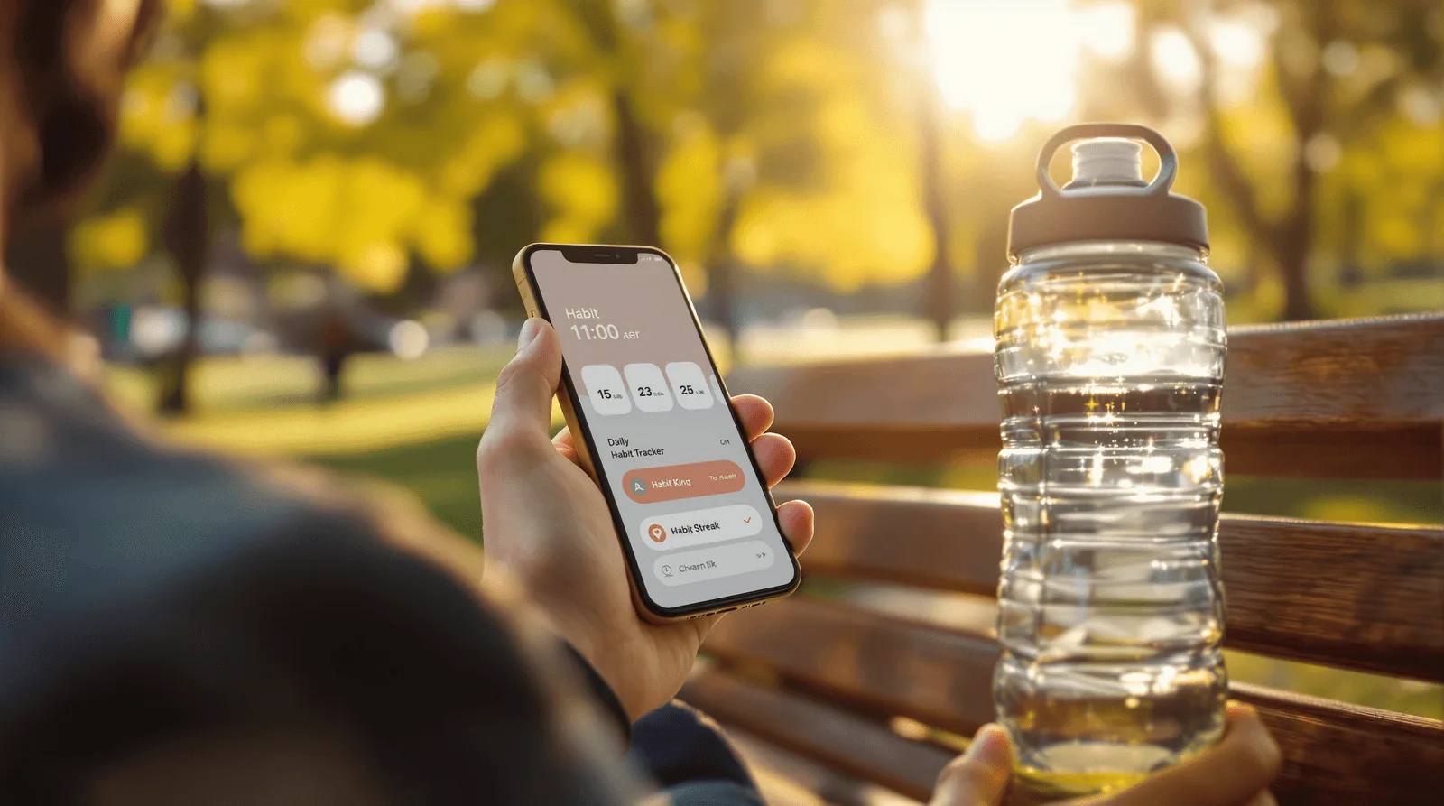 Daily habit tracker with a streak on a phone held on a park bench at golden hour