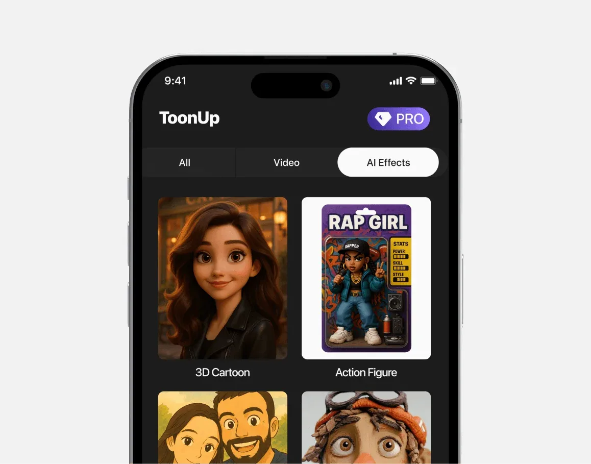 Toon Up main app screen on iPhone showing the AI app that transforms portraits primary interface and user flow