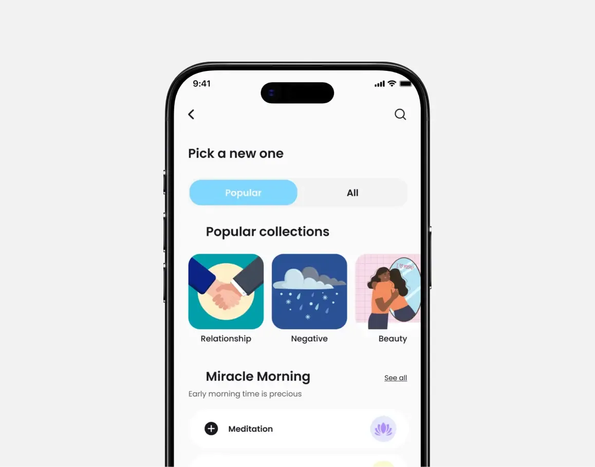 Atomic main app screen on iPhone showing the habit tracking app with smart primary interface and user flow