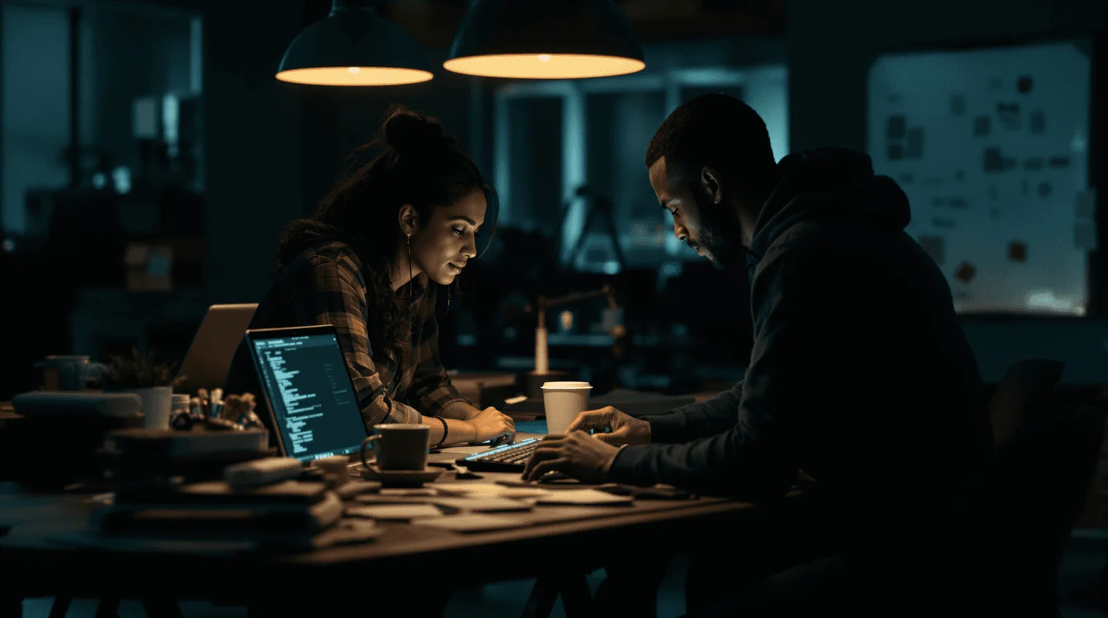 Two software developers collaborating on a web development project at a modern office, working on laptops with programming code displayed on the screen during a late-night coding session.