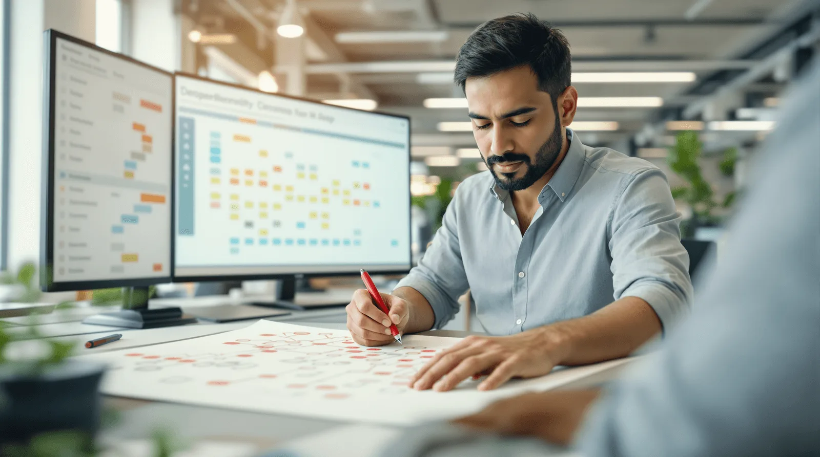 Two enterprise colleagues analysing workflow diagrams on operations centre whiteboard