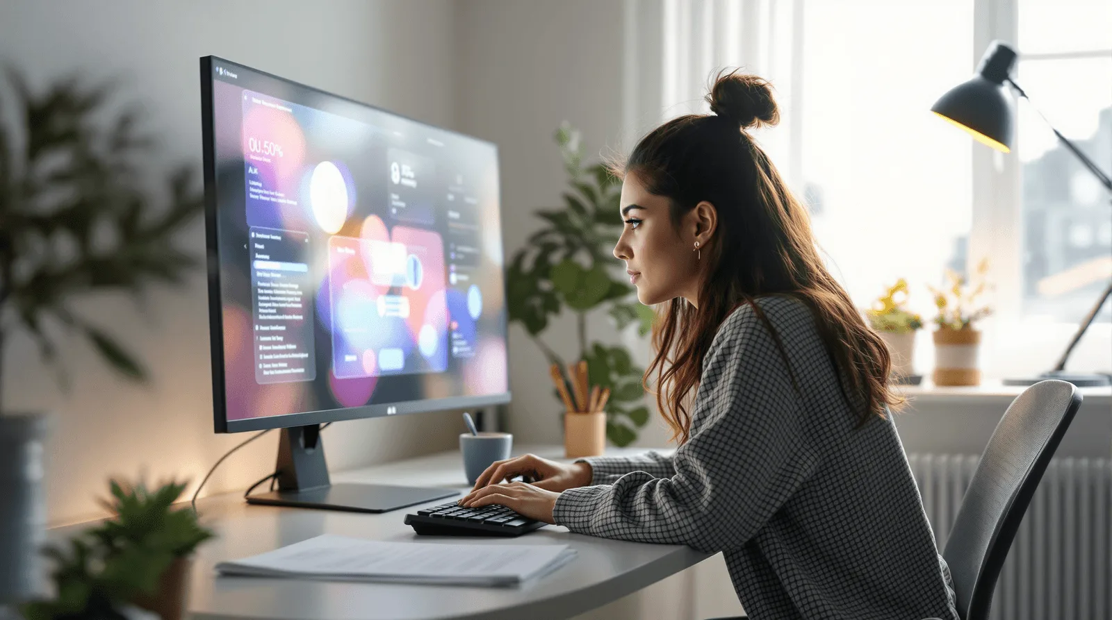 Professional UI/UX designer creating responsive website interfaces and web application dashboards in a modern workspace.