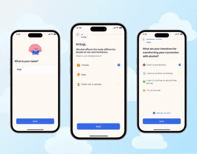 Three phones showing a health app onboarding asking name, sex and goals