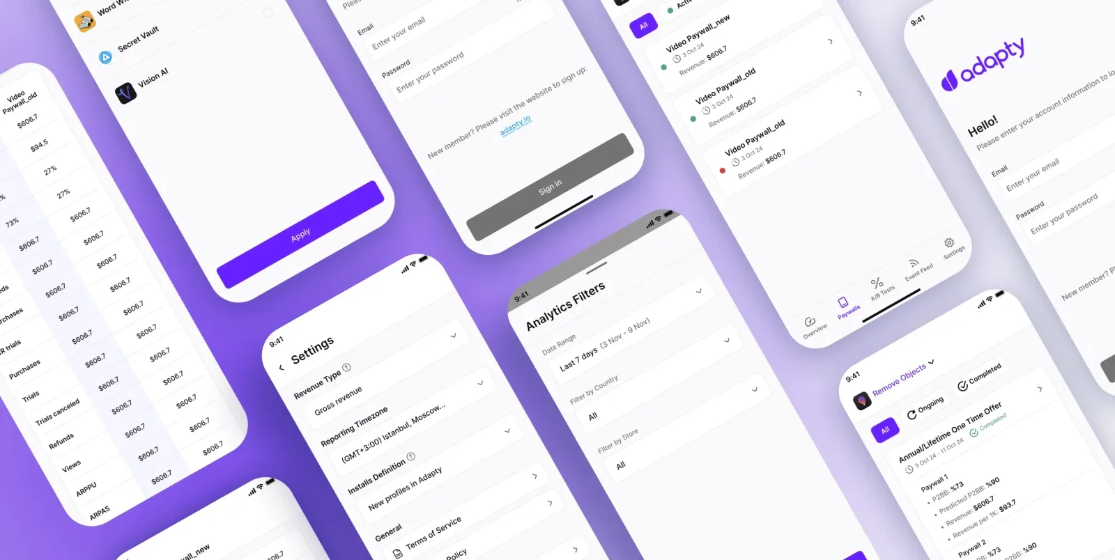 Adapty Mobile multiple mobile screens overview showcasing the complete subscription analytics app experience built by Neon Apps development team
