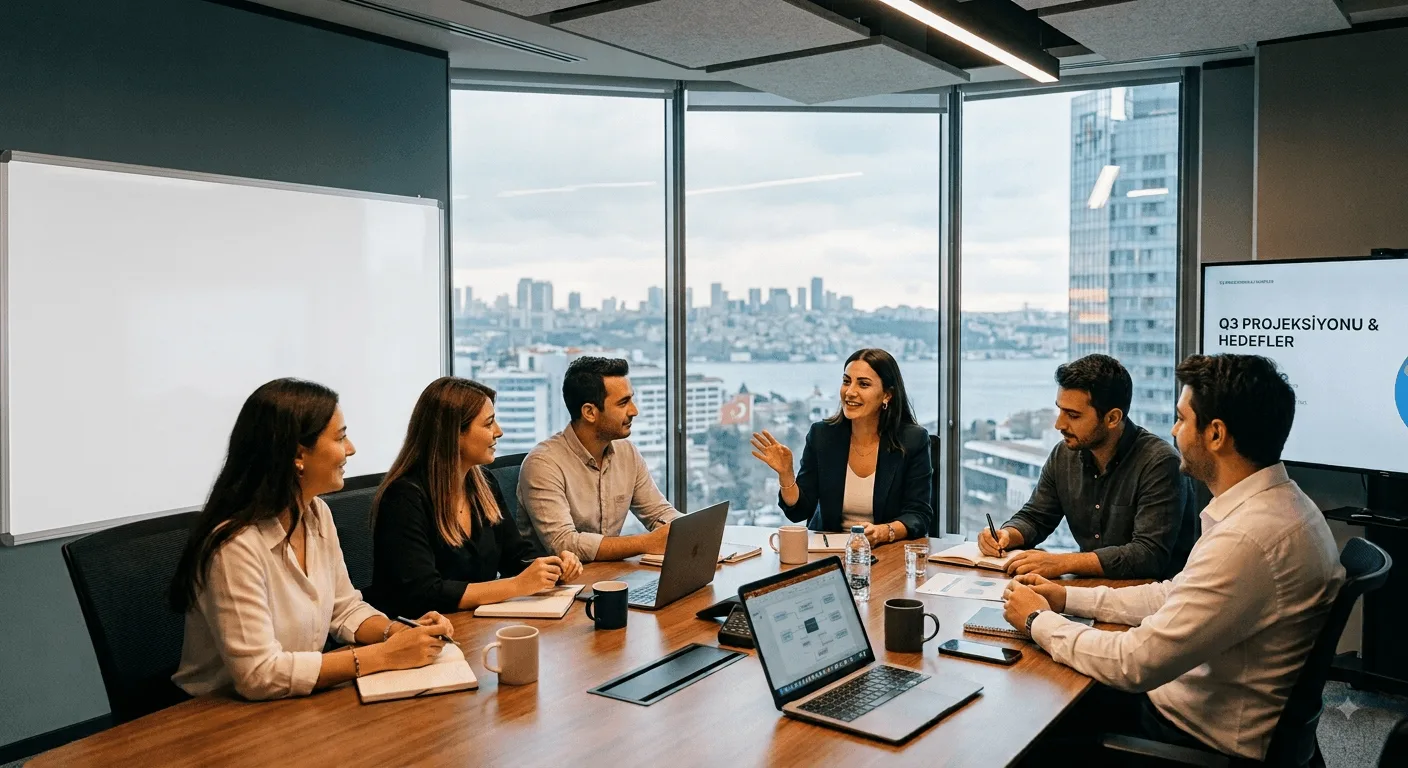 A group of businesspeople are gathered around a table in a modern Istanbul office, with a panoramic view of the Bosphorus in the background; they are working on their laptops and discussing workflows. A large whiteboard on the left is completely blank.