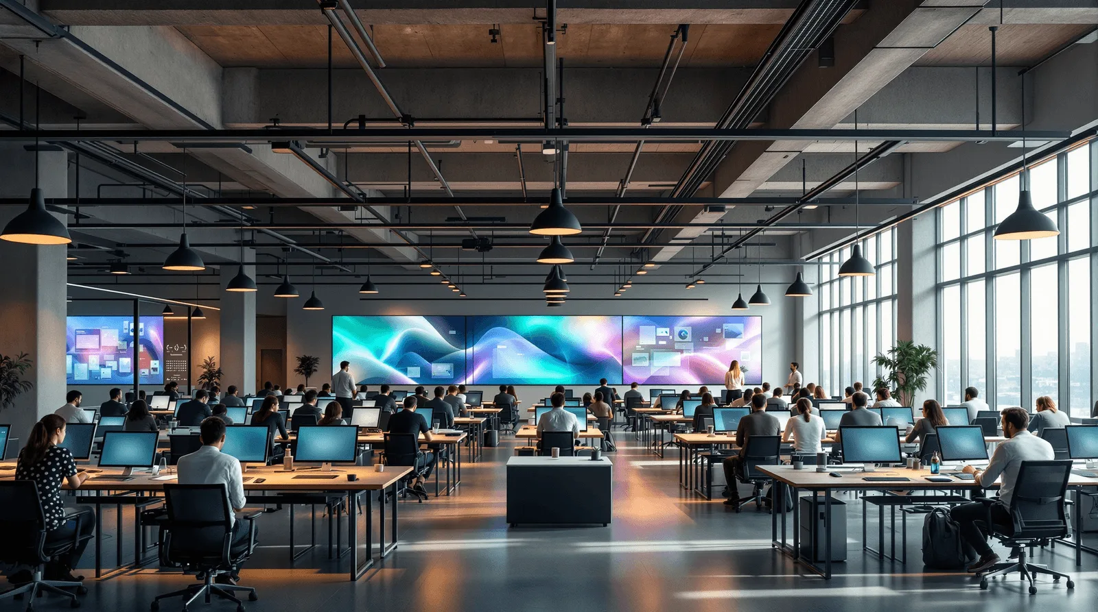 Large software development office with engineering teams collaborating at workstations in a modern enterprise workspace.