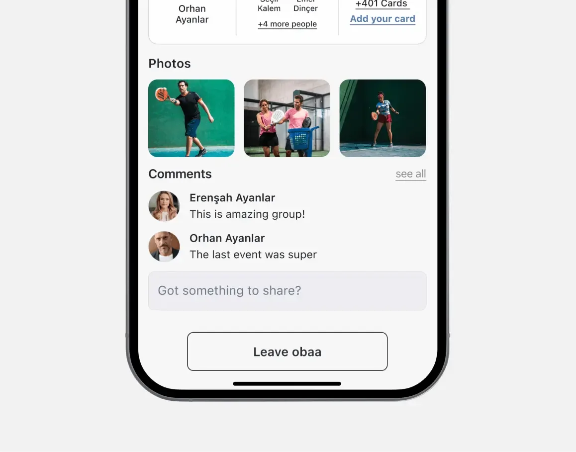 Ooba detail or secondary feature screen displaying key social community functionality of the mobile app developed by Neon Apps