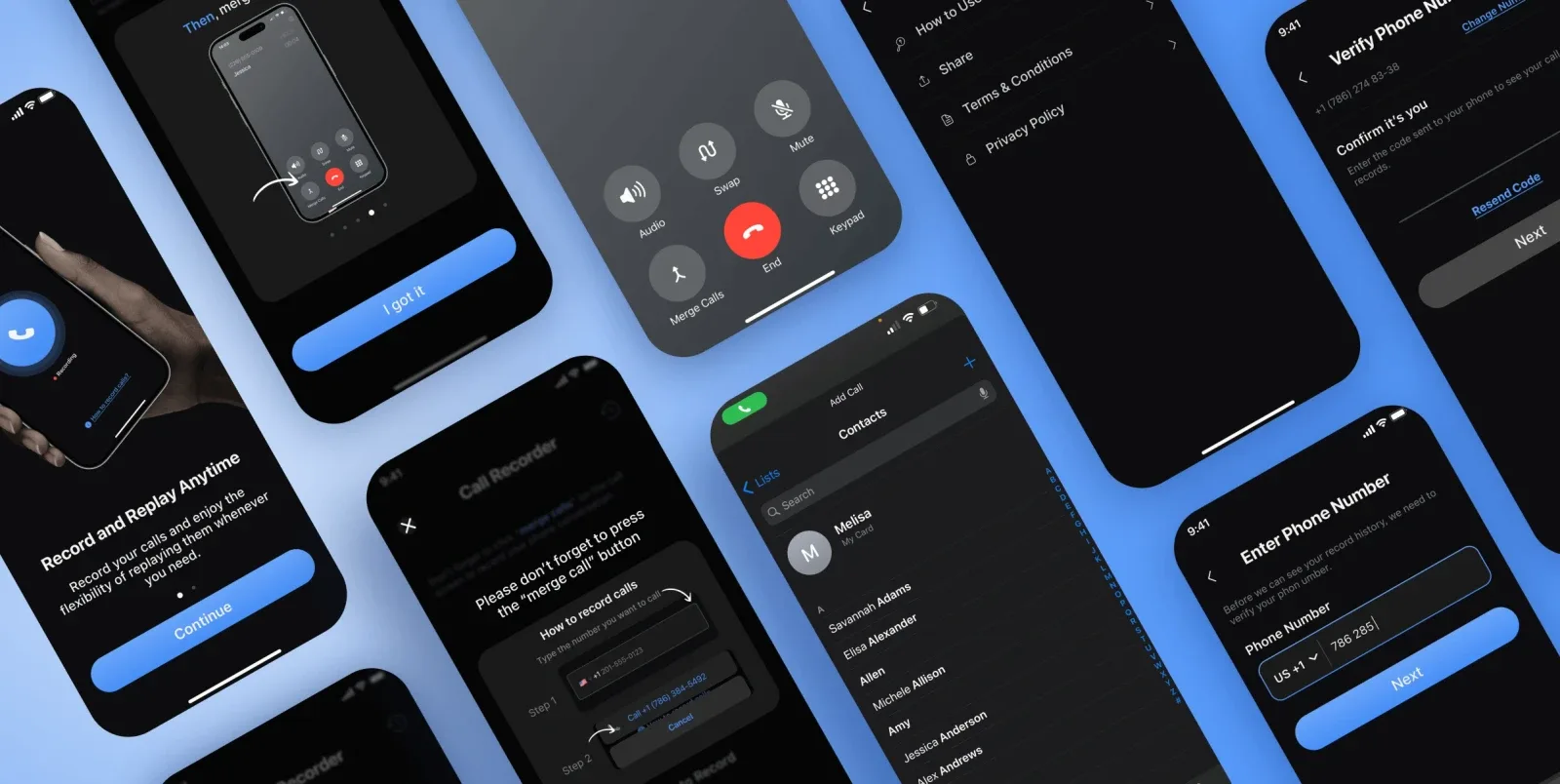 Taps Rec multiple mobile screens overview showcasing the complete call management app experience built by Neon Apps development team