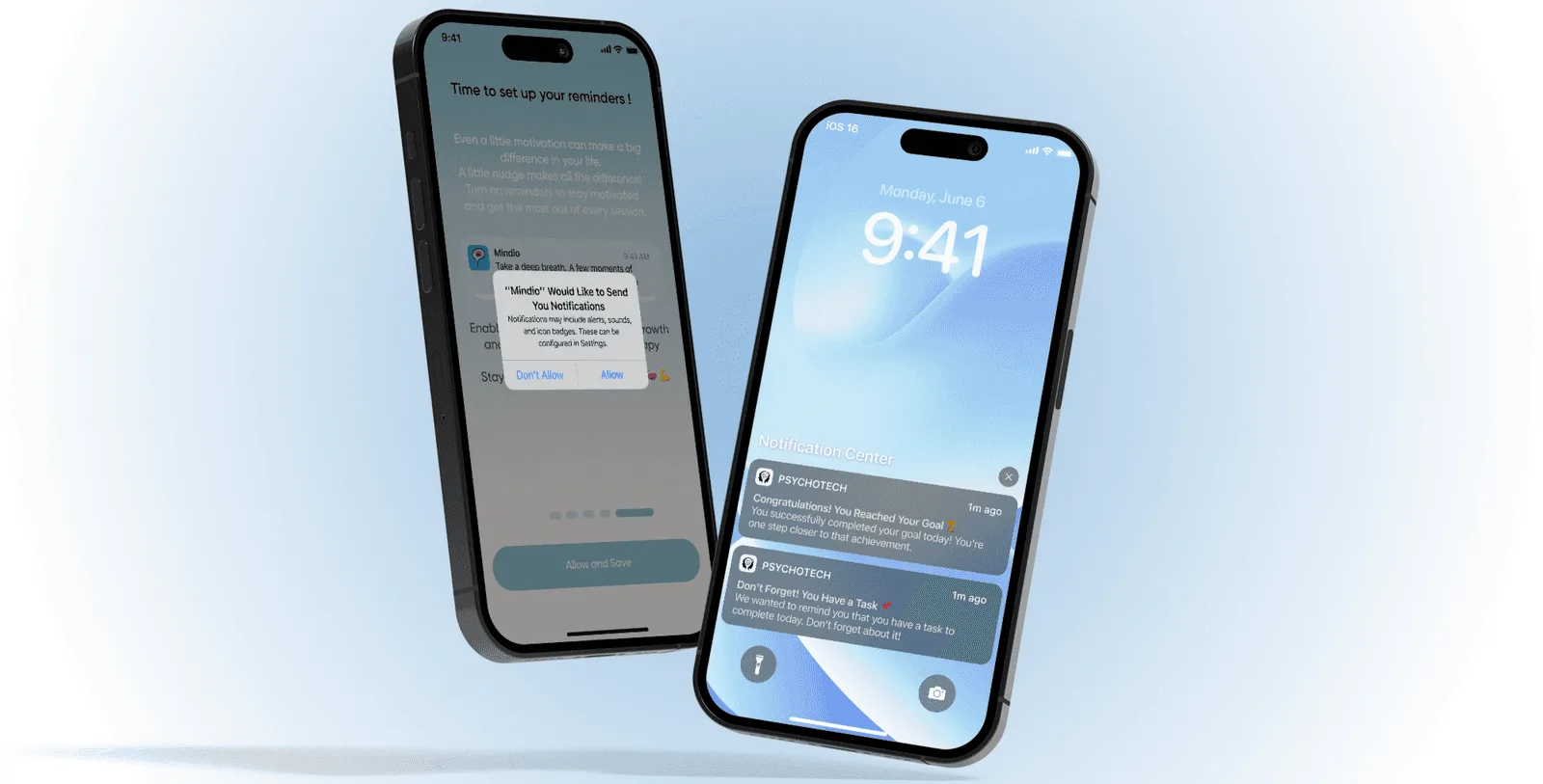 Two phones showing an iOS notification permission prompt and a notification centre of reminders