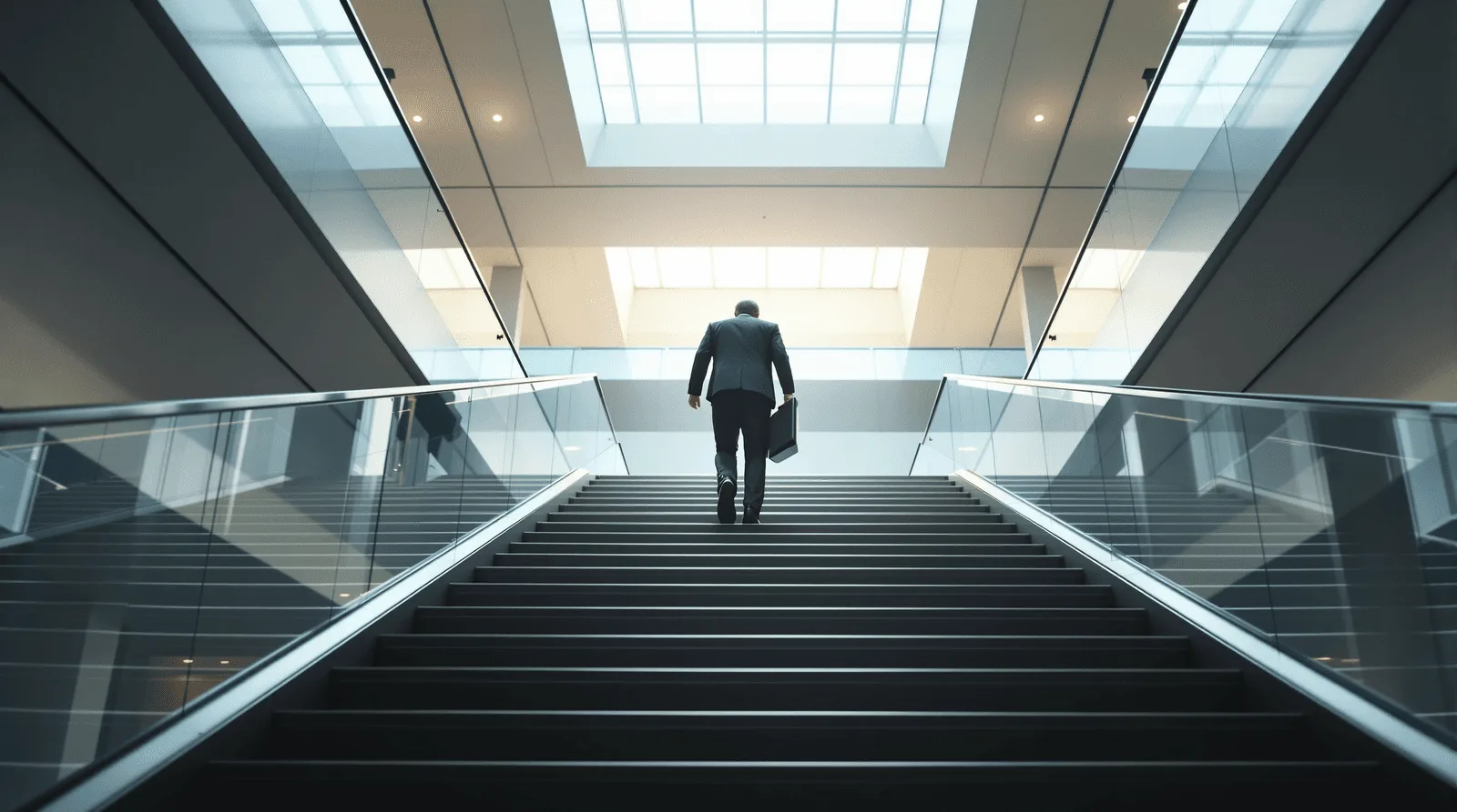 Executive ascending atrium staircase toward bright open mezzanine level