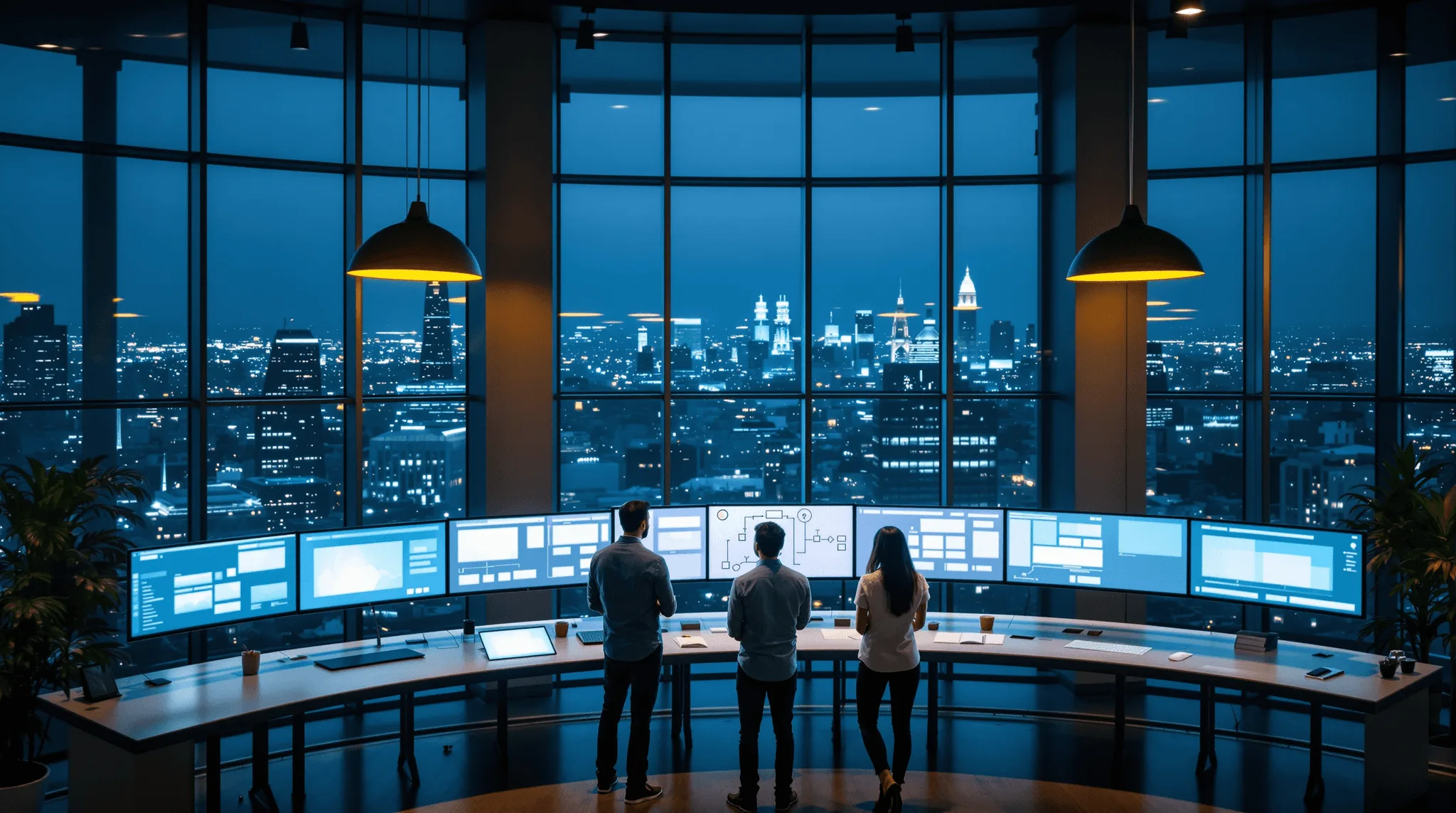 Product team reviewing agentic AI architecture on whiteboard at dusk