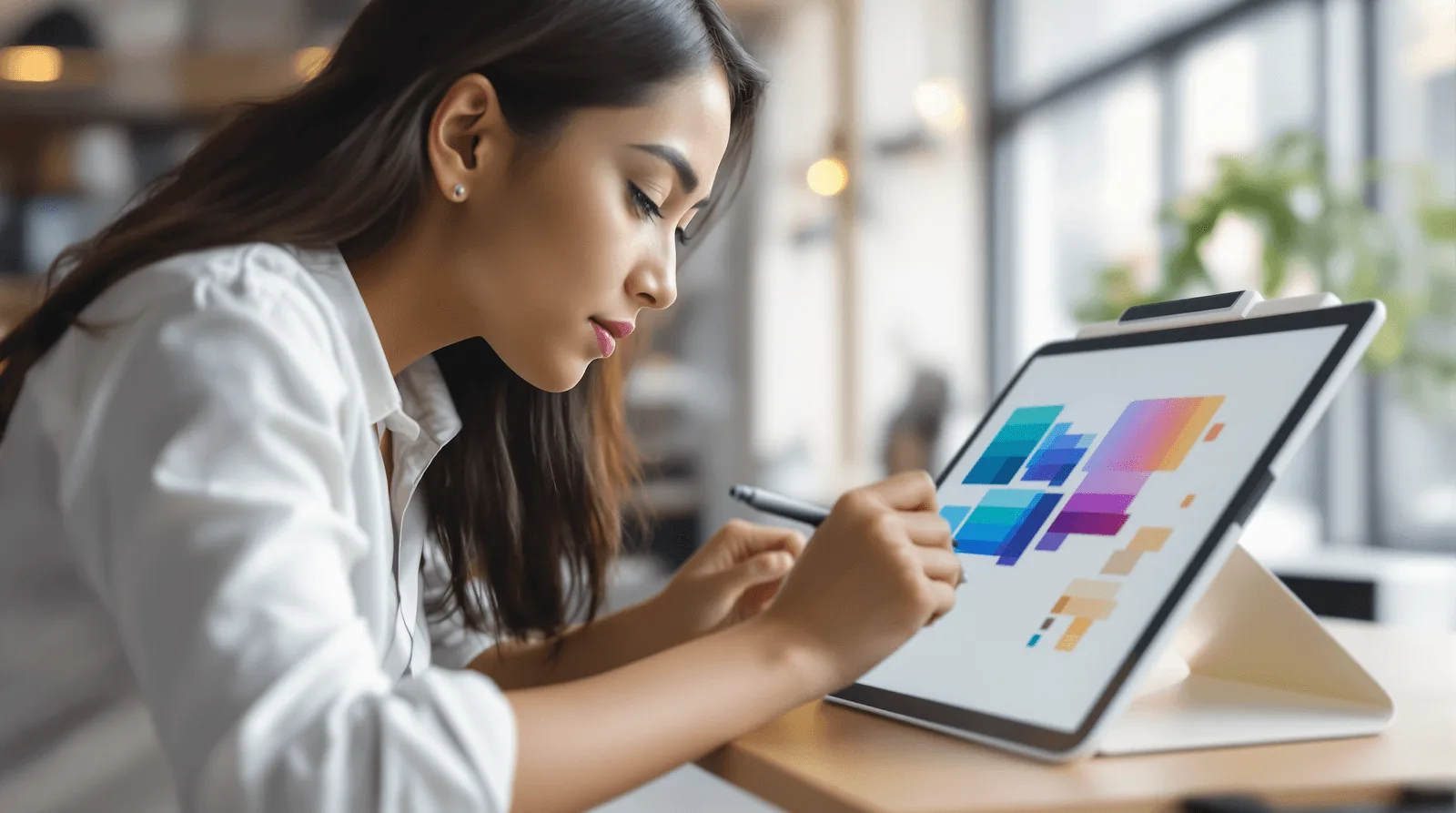 Young founder adjusting AI-generated logo shapes on a drawing tablet