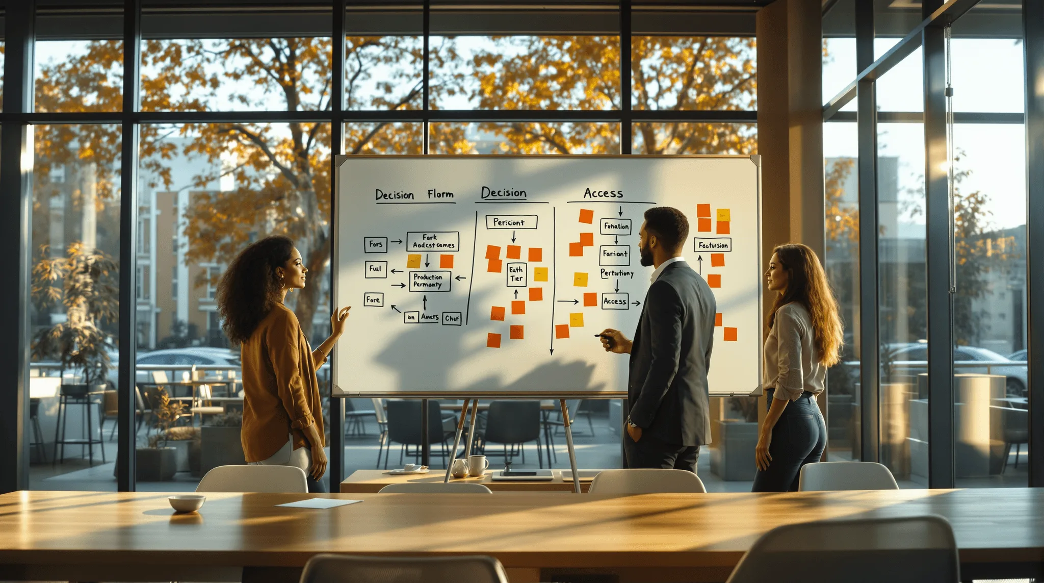 Product team reviewing subscription tier decision flowchart on whiteboard