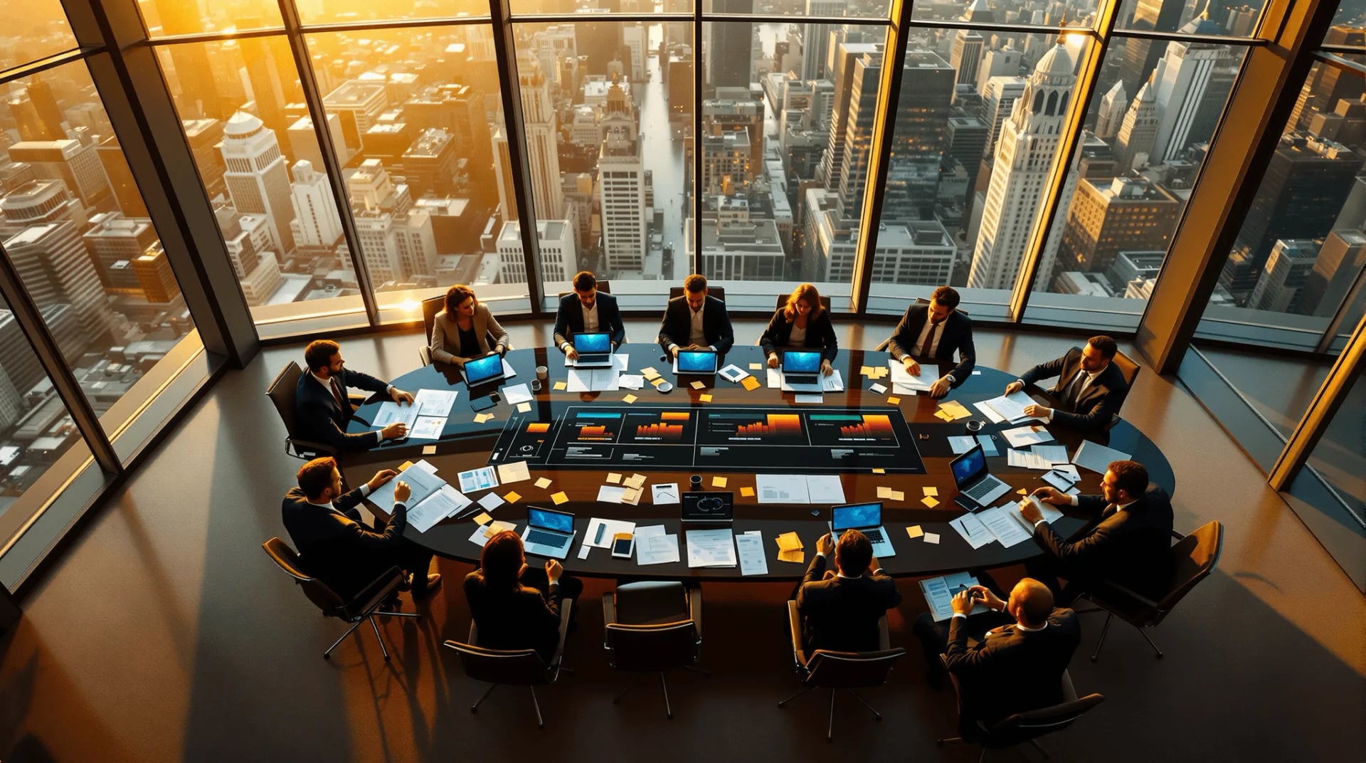 Executives reviewing digital transformation roadmap in glass boardroom