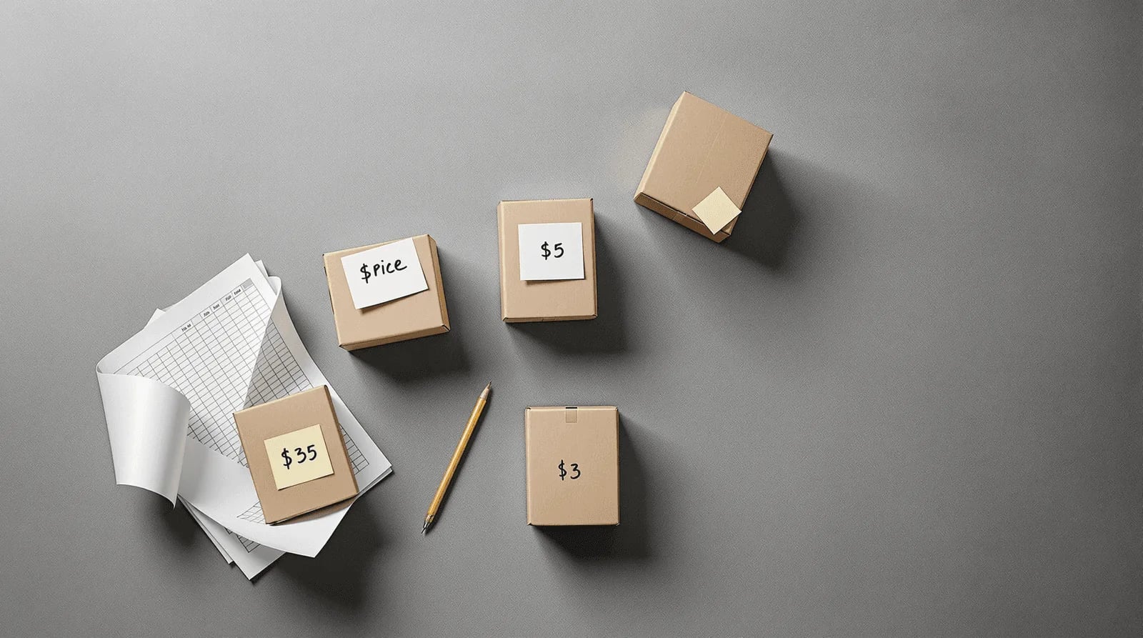 Five cost-tier boxes and spreadsheet on concrete studio surface