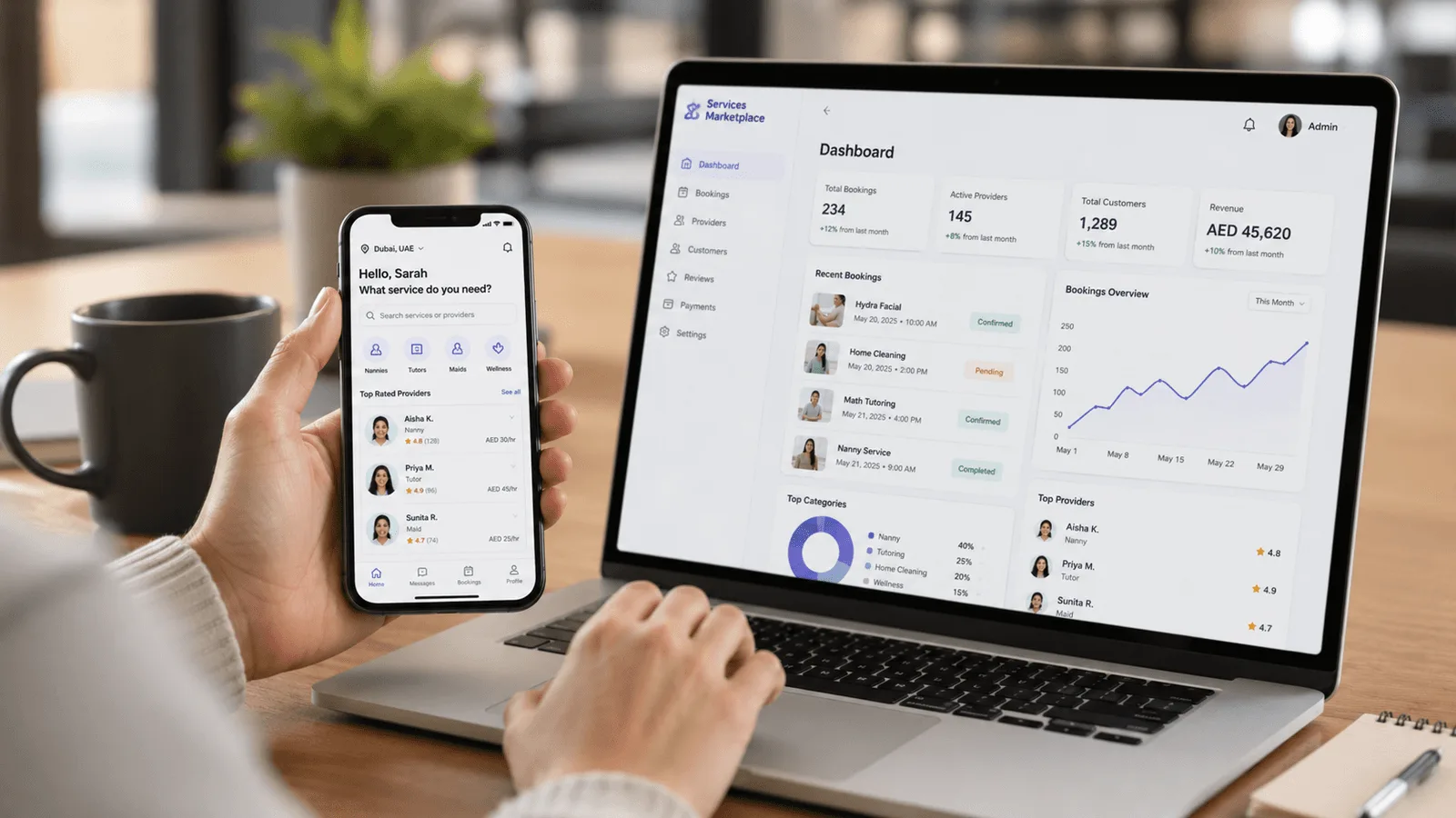 **Alt text:** Two sided services marketplace app displayed on a smartphone and laptop, showing service provider listings, bookings, customers, payments, and marketplace management dashboard.