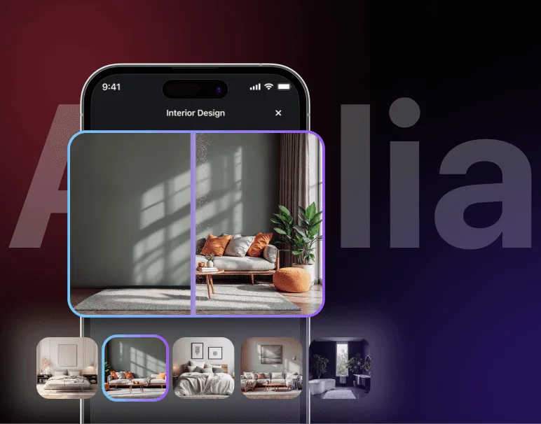 Phone showing an AI interior design before and after slider with style thumbnails