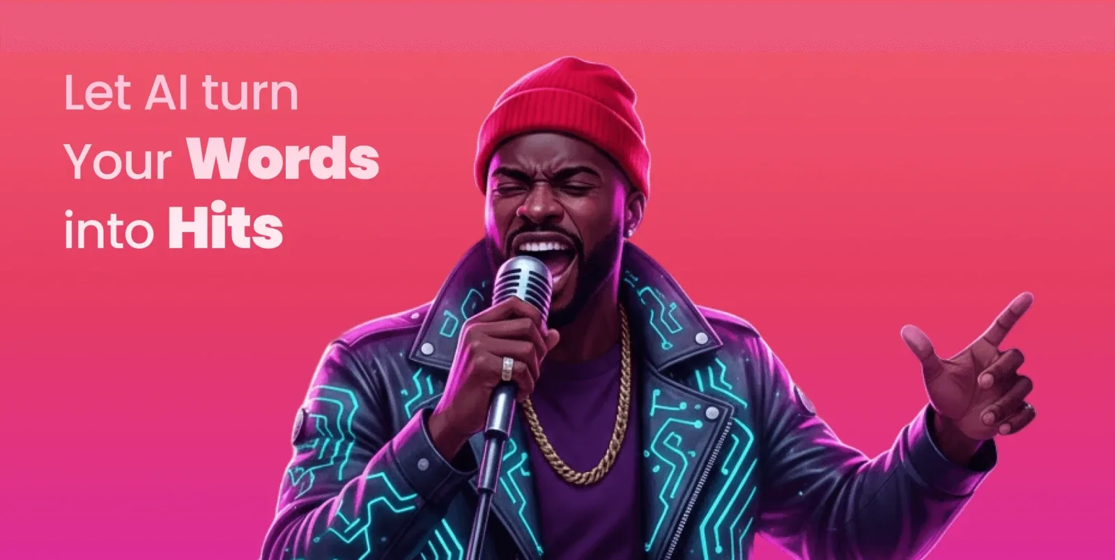 Rap Gen promotional banner showcasing the AI music app concept with value proposition for users built by Neon Apps