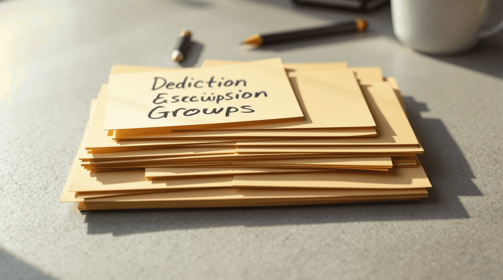 Index cards arranged in tiered decision hierarchy on concrete desk