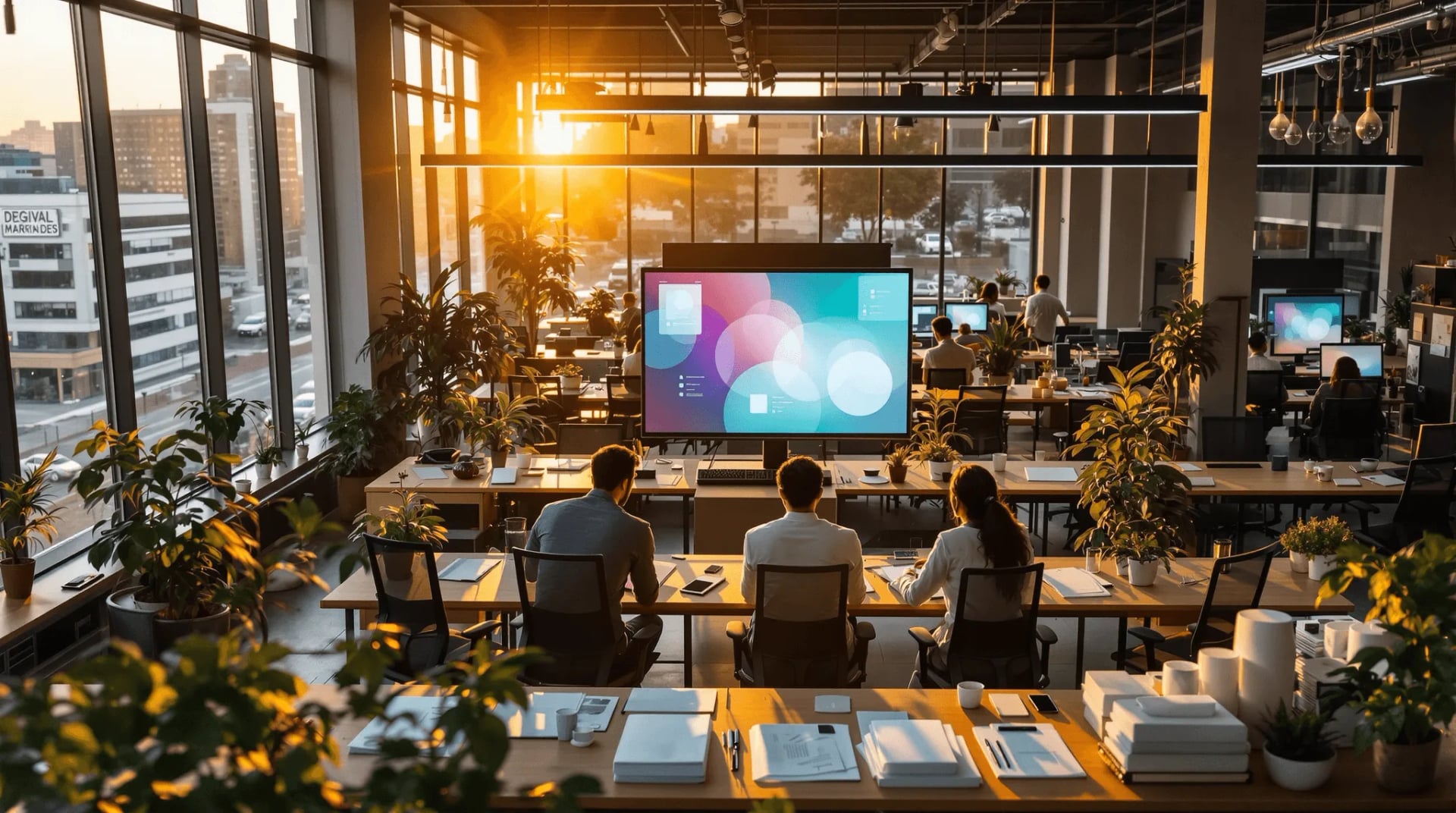 Professional team collaborating on web design, UI/UX design, and digital product development in a modern creative office.
