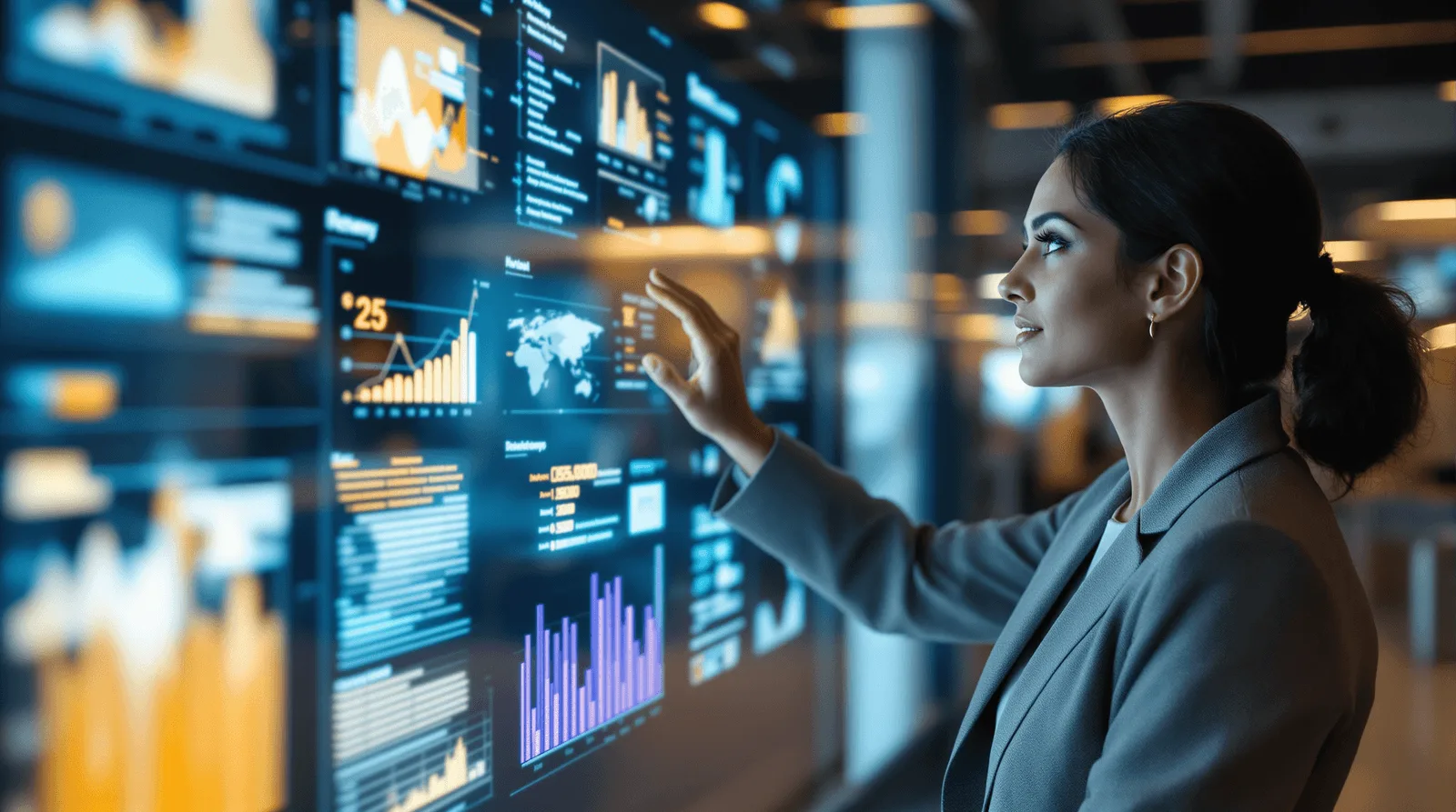 Digital transformation director gesturing at abstract data dashboard display