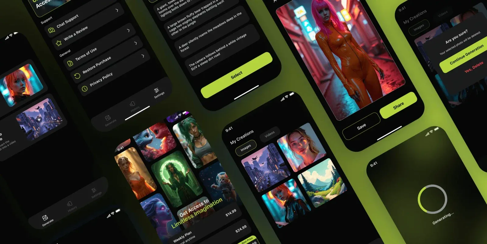 Motion multiple mobile screens overview showcasing the complete AI video creation app experience built by Neon Apps development team