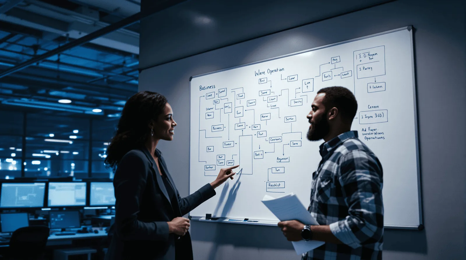 Two enterprise colleagues analysing workflow diagrams on operations centre whiteboard