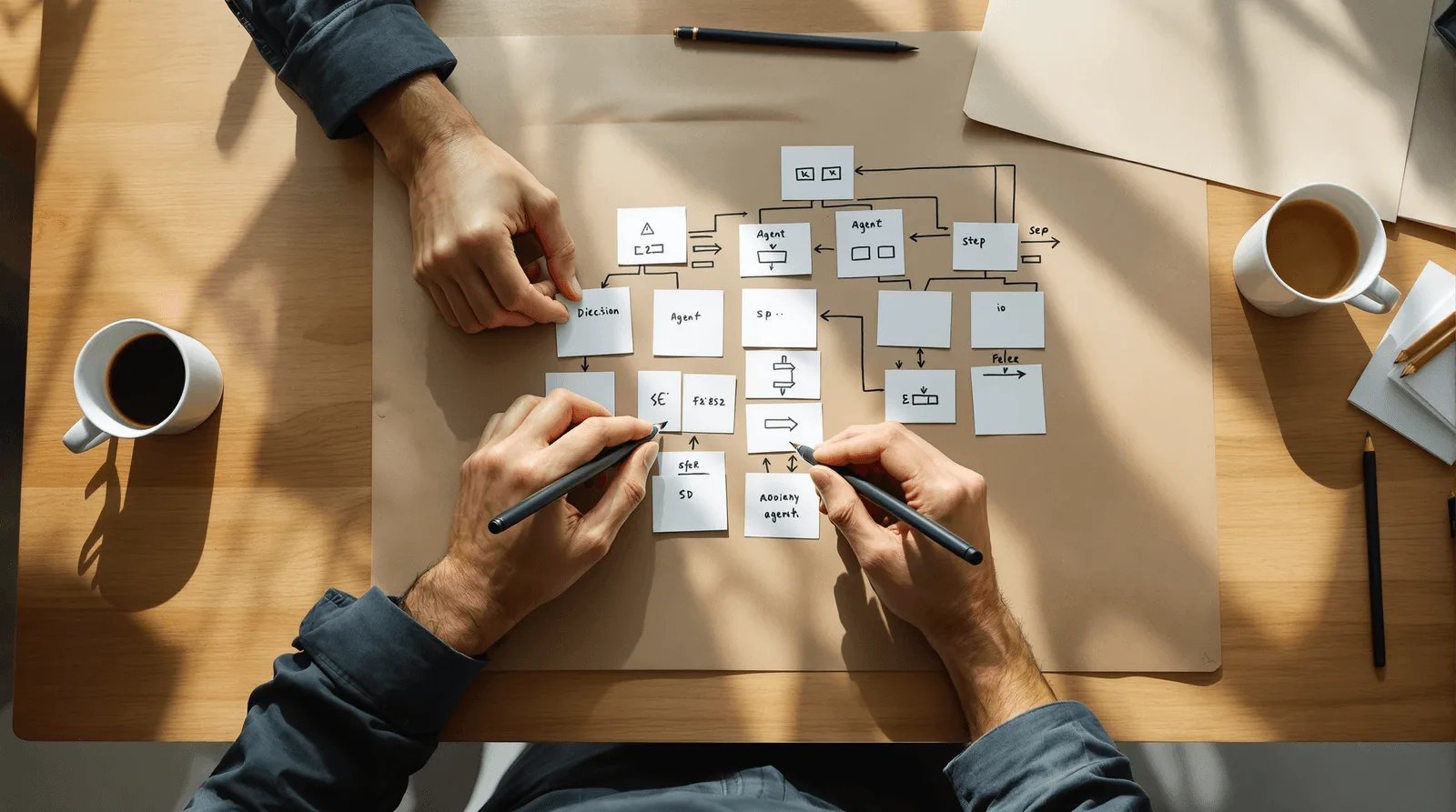 Hands arranging agentic AI workflow cards on a kraft-paper planning surface